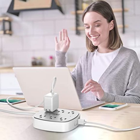 POWRUI Flat Plug Extension Cord with 6 Outlet Extender and 3 USB Ports, 6 Feet - Picture 2 of 7